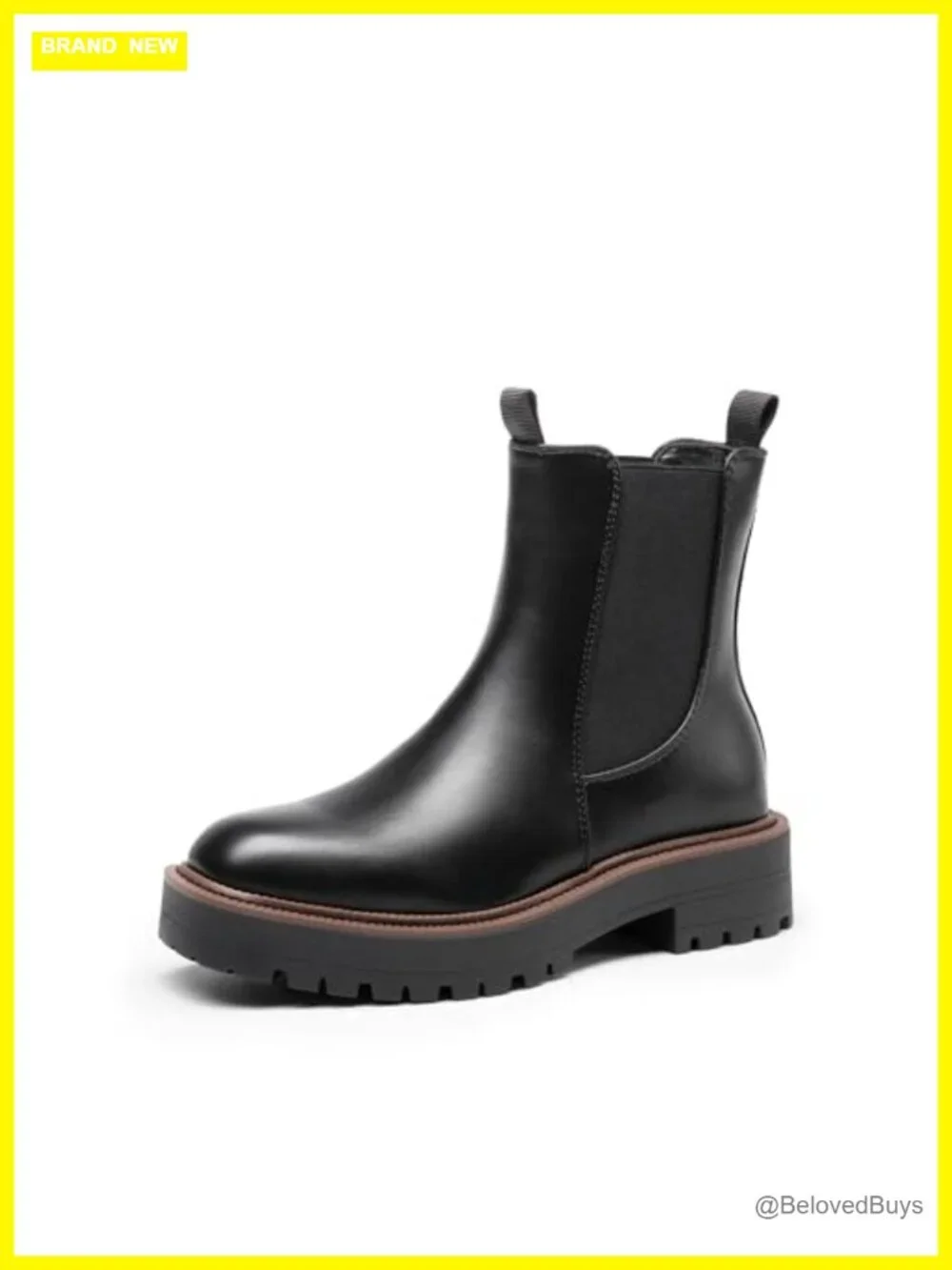 Faux Leather Chelsea Ankle Boots Square Toe Low Heel Lug Sole Platform